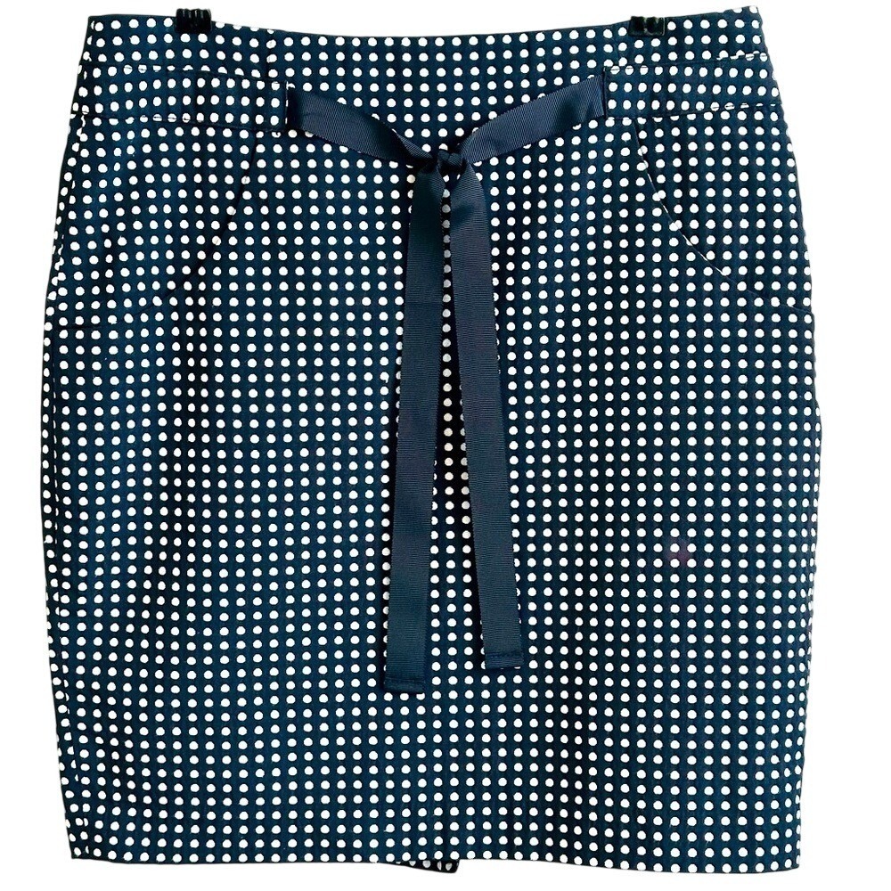 THE‎ LIMITED Pencil Mini Skirt Navy Blue Polka Dot Front Bow Tie Size 6 Vintage